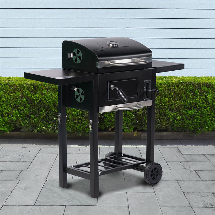 Foldable Wagon Charcoal BBQ Grill with Side Tables and Wheels - Black
