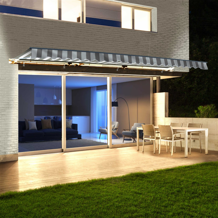 Half Cassette Motorized Retractable LED Luxury Patio Awning - 10 x 8 Feet - Gray and White Stripes