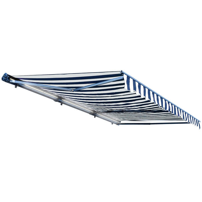 Half Cassette Motorized Retractable LED Luxury Patio Awning - 10 x 8 Feet - Blue and White Stripes
