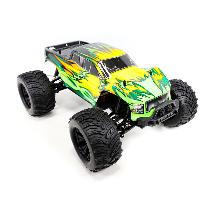 XL Off-Road 4WD Electric Powered RC Monster Truck - 1:10 Scale - Green with Yellow Flame Design