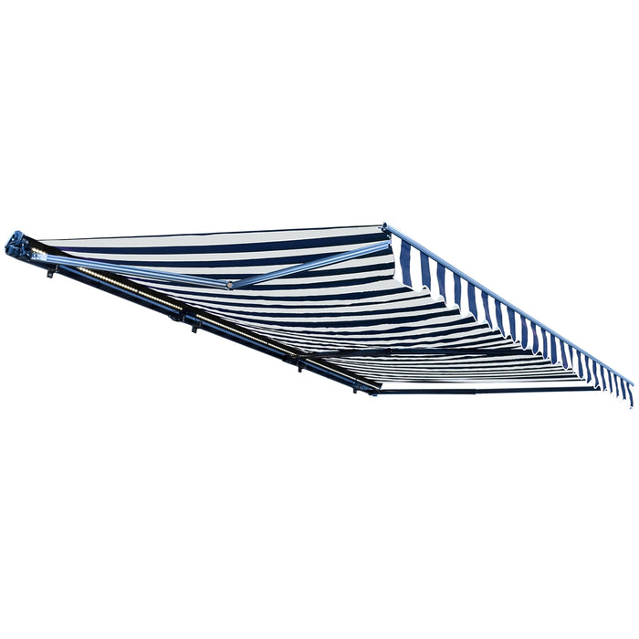 Half Cassette Motorized Retractable LED Luxury Patio Awning - 10 x 8 Feet - Blue and White Stripes