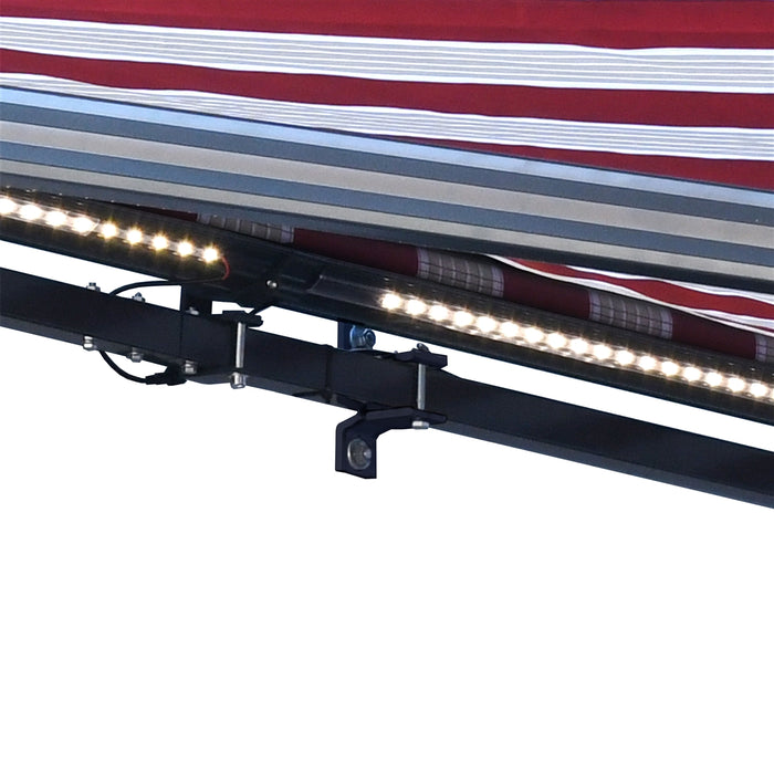 Half Cassette Motorized Retractable LED Luxury Patio Awning - 10 x 8 Feet - Multi-Striped Red