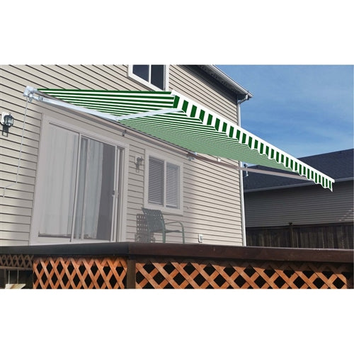 Retractable White Frame Patio Awning - 12 x 10 Feet - Green and White Striped