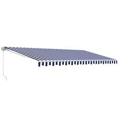 Retractable White Frame Patio Awning - 12 x 10 Feet - Blue and White Striped