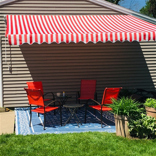 Retractable White Frame Patio Awning - 13 x 10 Feet - Red and White Striped