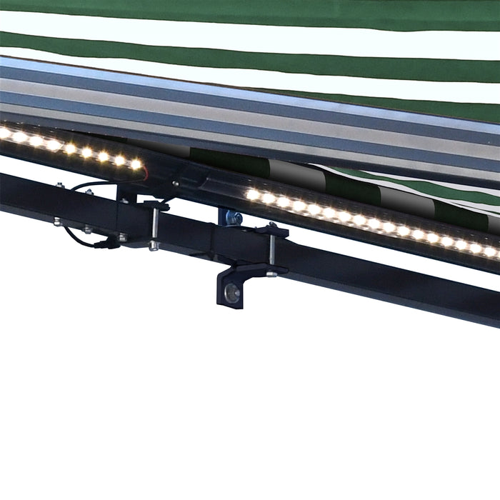 Half Cassette Motorized Retractable LED Luxury Patio Awning - 10 x 8 Feet - Green and White Stripes
