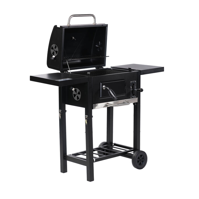 Foldable Wagon Charcoal BBQ Grill with Side Tables and Wheels - Black