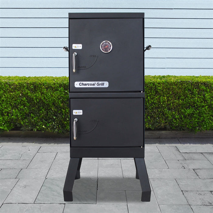 Vertical Offset BBQ Charcoal Smoker with Temperature Gauge - Black
