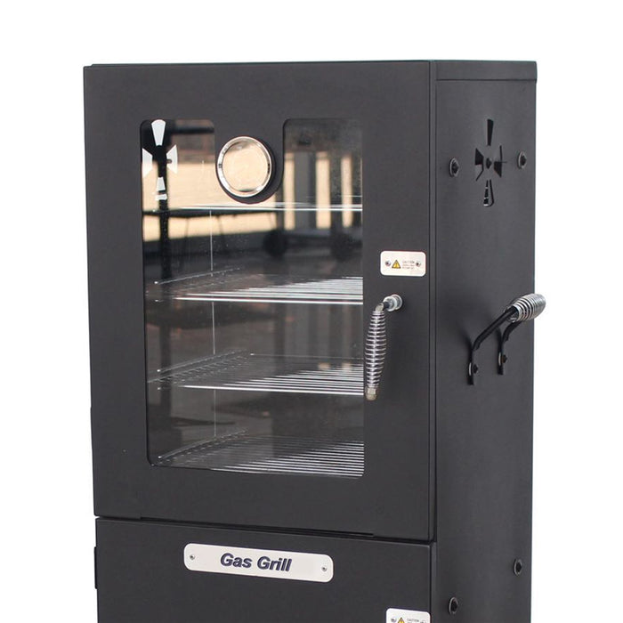 Vertical Offset BBQ Glass Door Gas Smoker with Temperature Gauge - Black