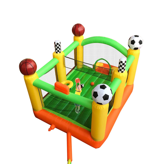 Inflatable Playtime 4-In-1 Bounce House with Basketball Rim, Soccer Arena, Volleyball Net, and Slide