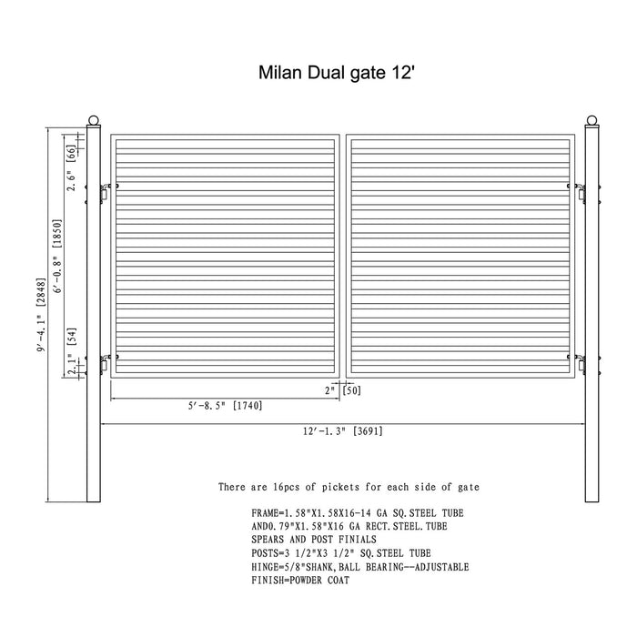 Steel Dual Swing Driveway Gate - MILAN Style - 12 x 6 Feet