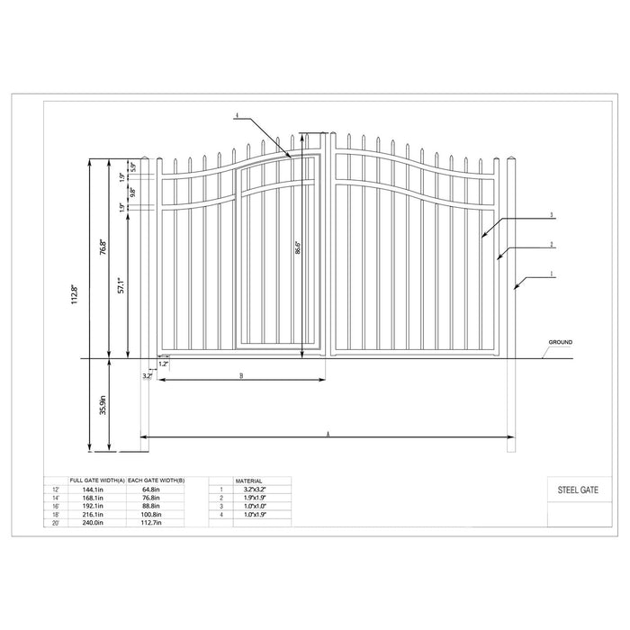 Steel Dual Swing Driveway Gate with Built-In Pedestrian Door - VIENNA Style - 12 x 7 Feet