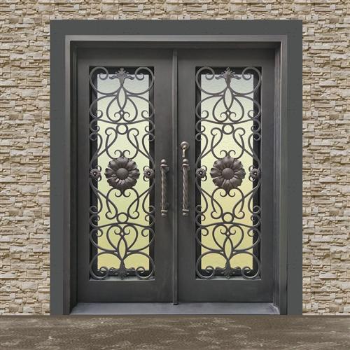 Iron Square Top Sunflower Dual Door with Frame and Threshold - 81 x 62 x 6 Inches - Aged Bronze