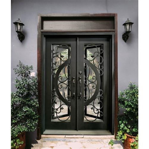 Iron Vine and Curve Dual Door with Square Top Frame and Threshold - 81 x 62 x 6 Inches - Matte Black