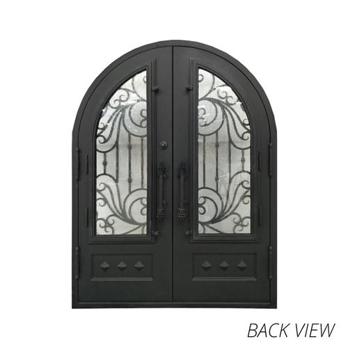 Iron Round Top Dimensional-Panel Dual Door with Frame and Threshold - 81 x 62 x 6 Inches - Matte Black