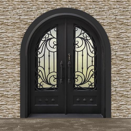 Iron Round Top Dimensional-Panel Dual Door with Frame and Threshold - 81 x 62 x 6 Inches - Matte Black