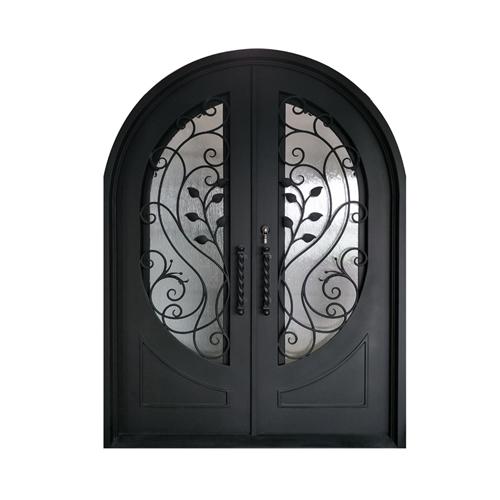 Iron Round Top Leaf Dual Door with Frame and Threshold - 72 x 96 Inches - Matte Black