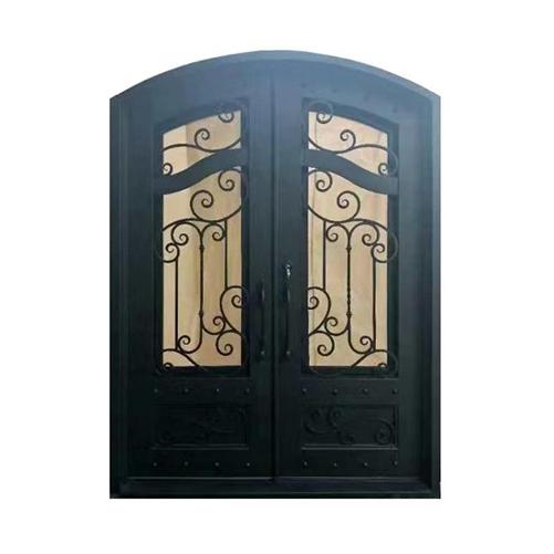 Iron Arched Top Dimensional-Panel Dual Door with Frame and Threshold - 96 x 72 Inches - Matte Black