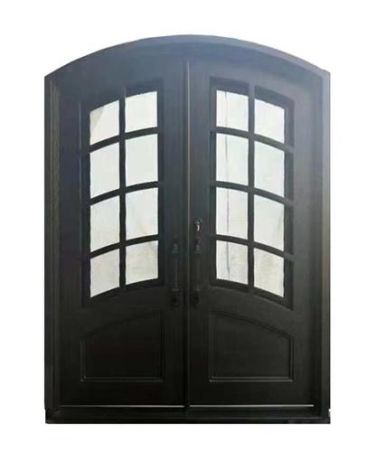Iron Arched Top Minimalist Glass-Panel Dual Door with Frame and Threshold - 92 x 72 Inches - Matte Black