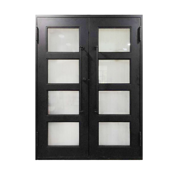 Iron Square Top Minimalist Glass-Panel Dual Door with Frame and Threshold - 72 x 6 x 96 inches - Matte Black