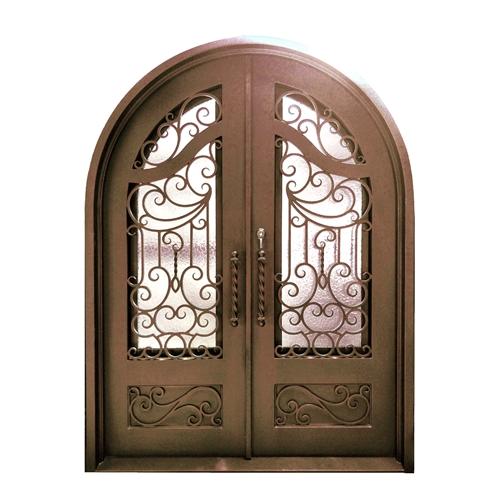 Iron Round Top Baroque-Inspired Dual Door with Frame and Threshold - 96 x 72 x 6 Inches - Aged Bronze