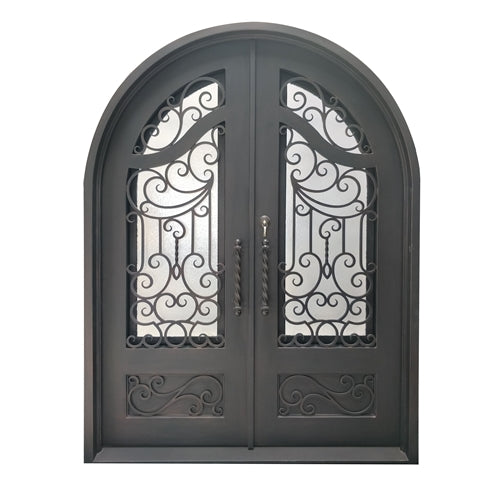 Iron Round Top Baroque-Inspired Dual Door with Frame and Threshold - 96 x 72 x 6 Inches - Darkened Aged Bronze
