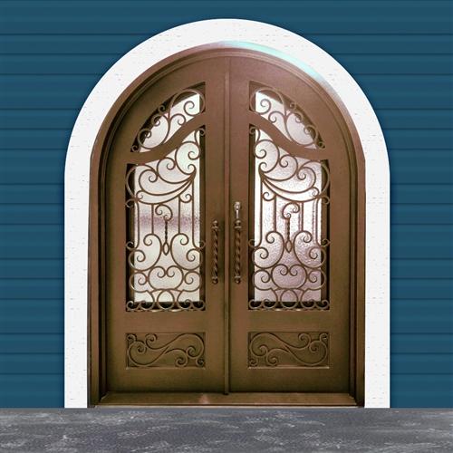 Iron Round Top Baroque-Inspired Dual Door with Frame and Threshold - 96 x 72 x 6 Inches - Aged Bronze