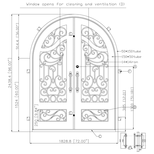 Iron Round Top Baroque-Inspired Dual Door with Frame and Threshold - 96 x 72 x 6 Inches - Darkened Aged Bronze