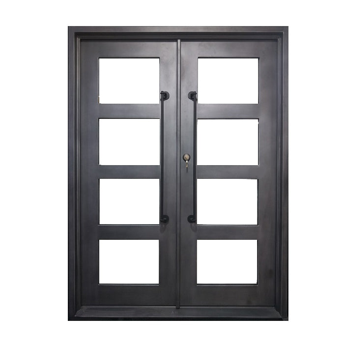 Iron Square Top Minimalist Glass-Panel Dual Door with Frame and Threshold - 72 x 6 x 96 inches - Nickel