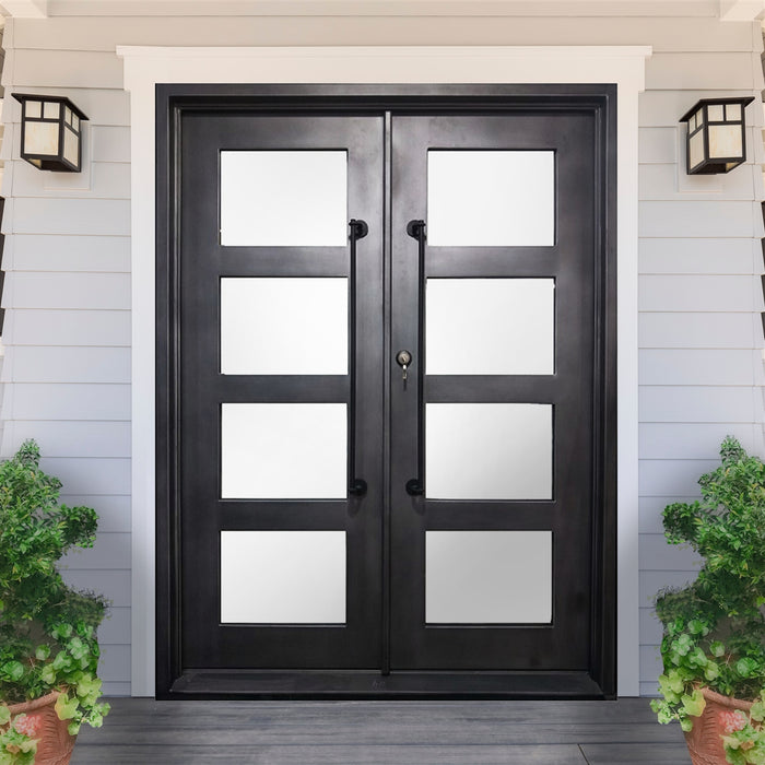 Iron Square Top Minimalist Glass-Panel Dual Door with Frame and Threshold - 72 x 6 x 96 inches - Nickel