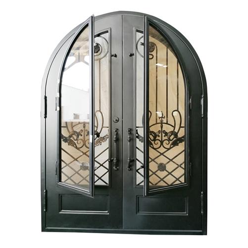 Iron Dual Door Ornamental Design with Arched Frame and Threshold - 96 x 72 x 6 Inches - Matte Black