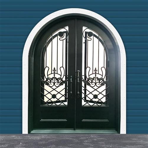 Iron Dual Door Ornamental Design with Arched Frame and Threshold - 96 x 72 x 6 Inches - Matte Black