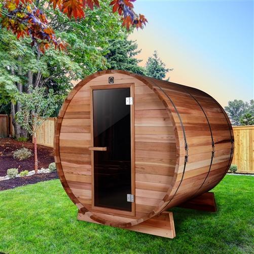 Outdoor and Indoor Rustic Western Red Cedar Barrel Sauna - ETL Certified Heater - 4 Person
