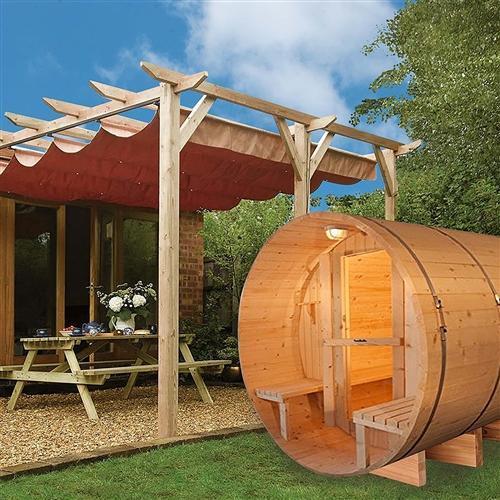 Outdoor and Indoor Western Red Cedar Barrel Sauna with Front Porch Canopy - 4.5 kW ETL Certified - 5 Person