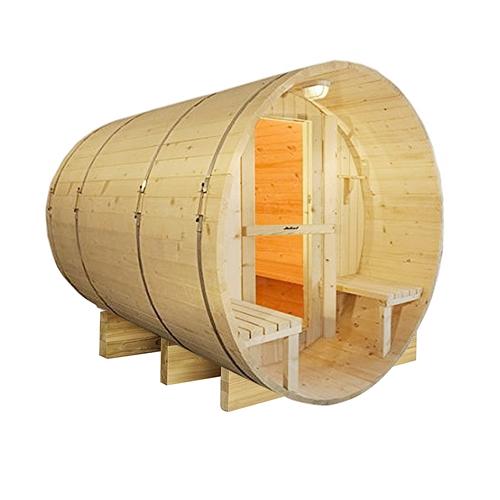 Outdoor or Indoor White Finland Pine Wet Dry Barrel Sauna - Front Porch Canopy - 9 kW ETL Certified Heater - 8 Person