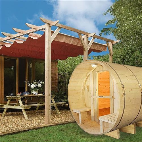 Outdoor or Indoor White Finland Pine Wet Dry Barrel Sauna - Front Porch Canopy - 9 kW ETL Certified Heater - 8 Person