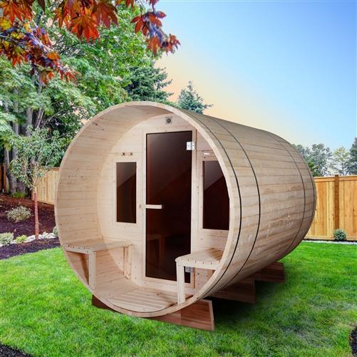 Outdoor White Pine Barrel Steam Sauna - Front Porch Canopy - ETL Certified - 4 Person