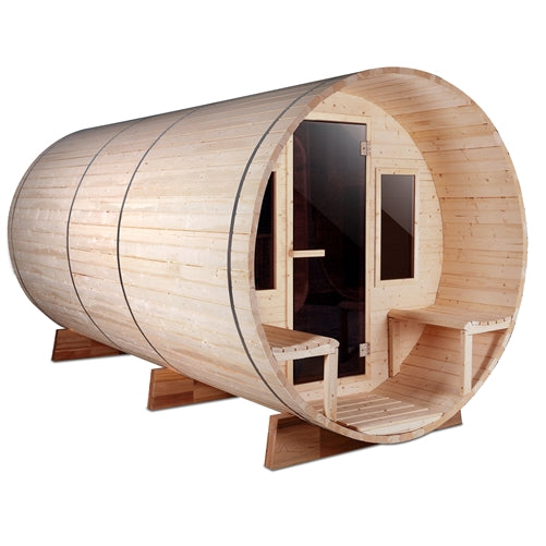 Outdoor White Pine Barrel Steam Sauna - Front Porch Canopy - ETL Certified - 8 Person