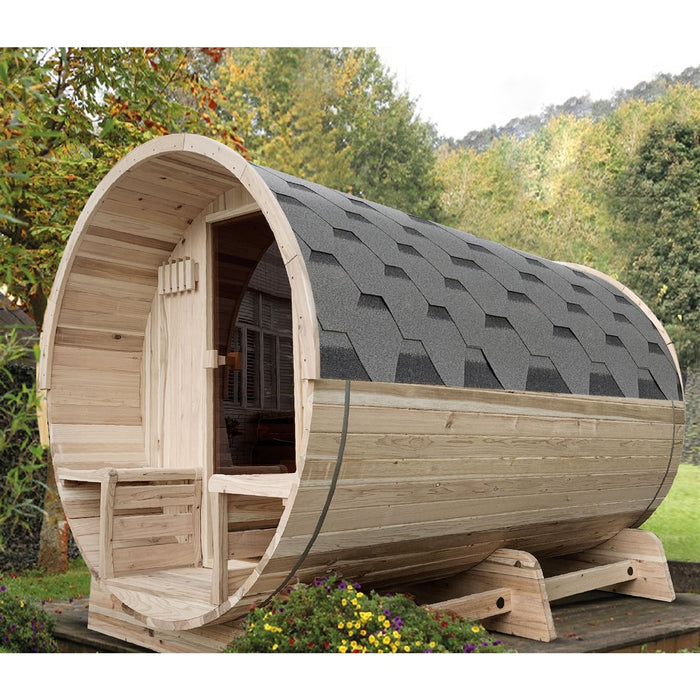 Outdoor Rustic Cedar Barrel Steam Sauna with Bitumen Shingle Roofing - 8 Person - 9 kW ETL Certified Heater