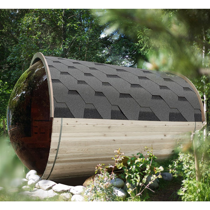 Outdoor Rustic Cedar Barrel Steam Sauna with Bitumen Shingle Roofing - 8 Person - 9 kW ETL Certified Heater