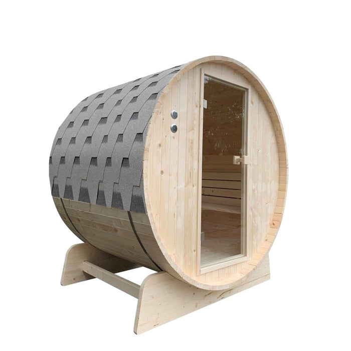 Outdoor Pine Barrel Sauna with Bitumen Shingle Roofing - 8 Person - 9 kW ETL Certified Heater