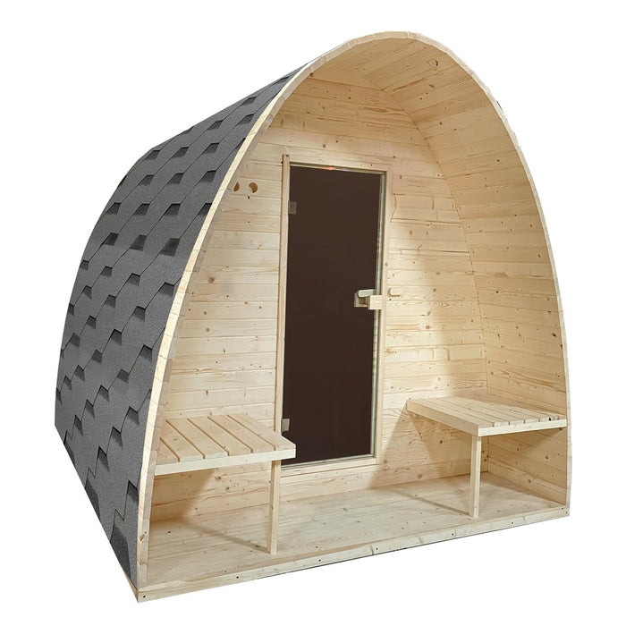 Outdoor Pine Wood Barrel Steam Sauna Pod with Bitumen Shingle Roofing - 8 Person - 9 kW ETL Certified Heater