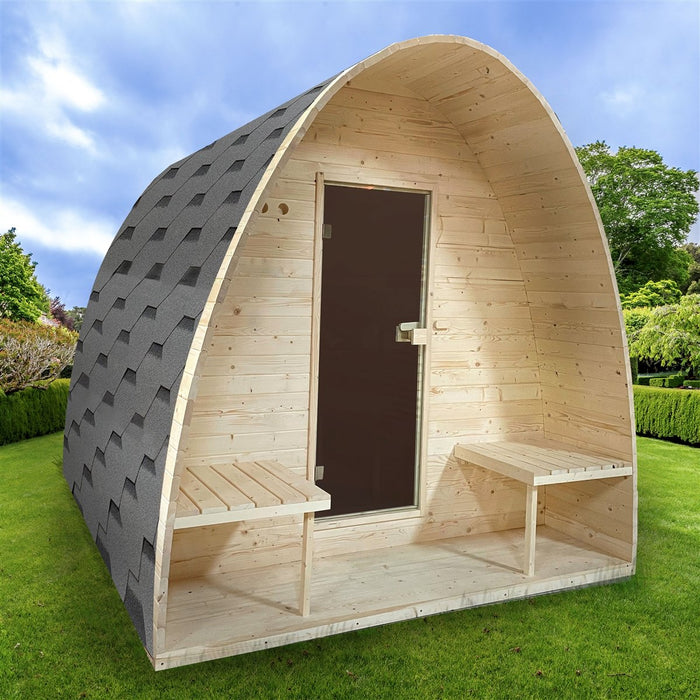 Outdoor Pine Wood Barrel Steam Sauna Pod with Bitumen Shingle Roofing - 8 Person - 9 kW ETL Certified Heater
