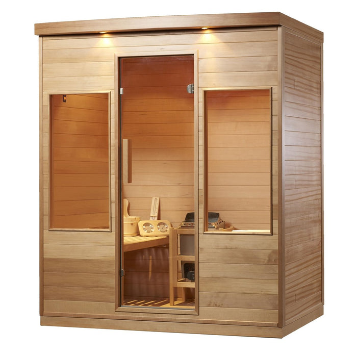 Canadian Hemlock Indoor Wet Dry Sauna with Exterior Lights - 4.5 kW ETL Certified Heater - 4 Person