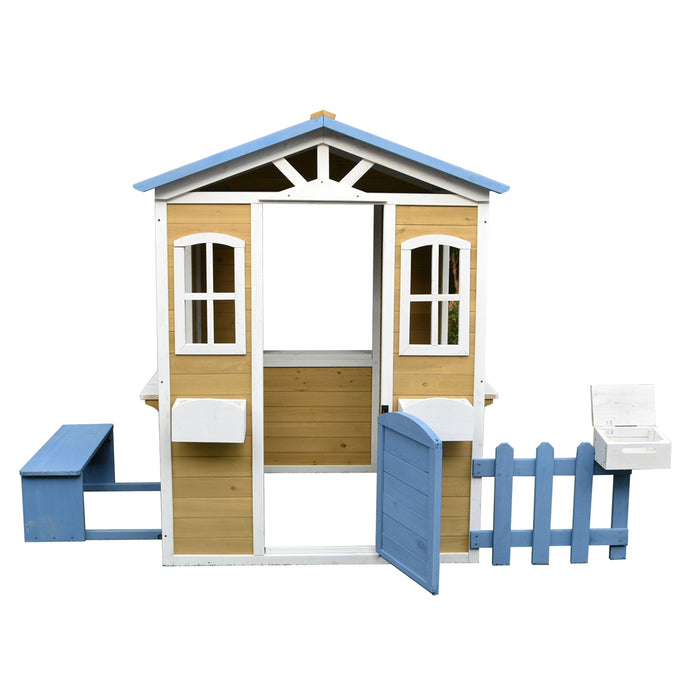 Traditional Outdoor Wooden Playhouse with Mailbox, Picket Fence, Serving Station, and Bench