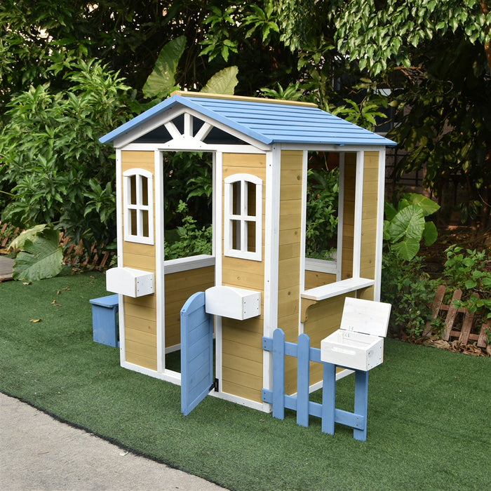 Traditional Outdoor Wooden Playhouse with Mailbox, Picket Fence, Serving Station, and Bench